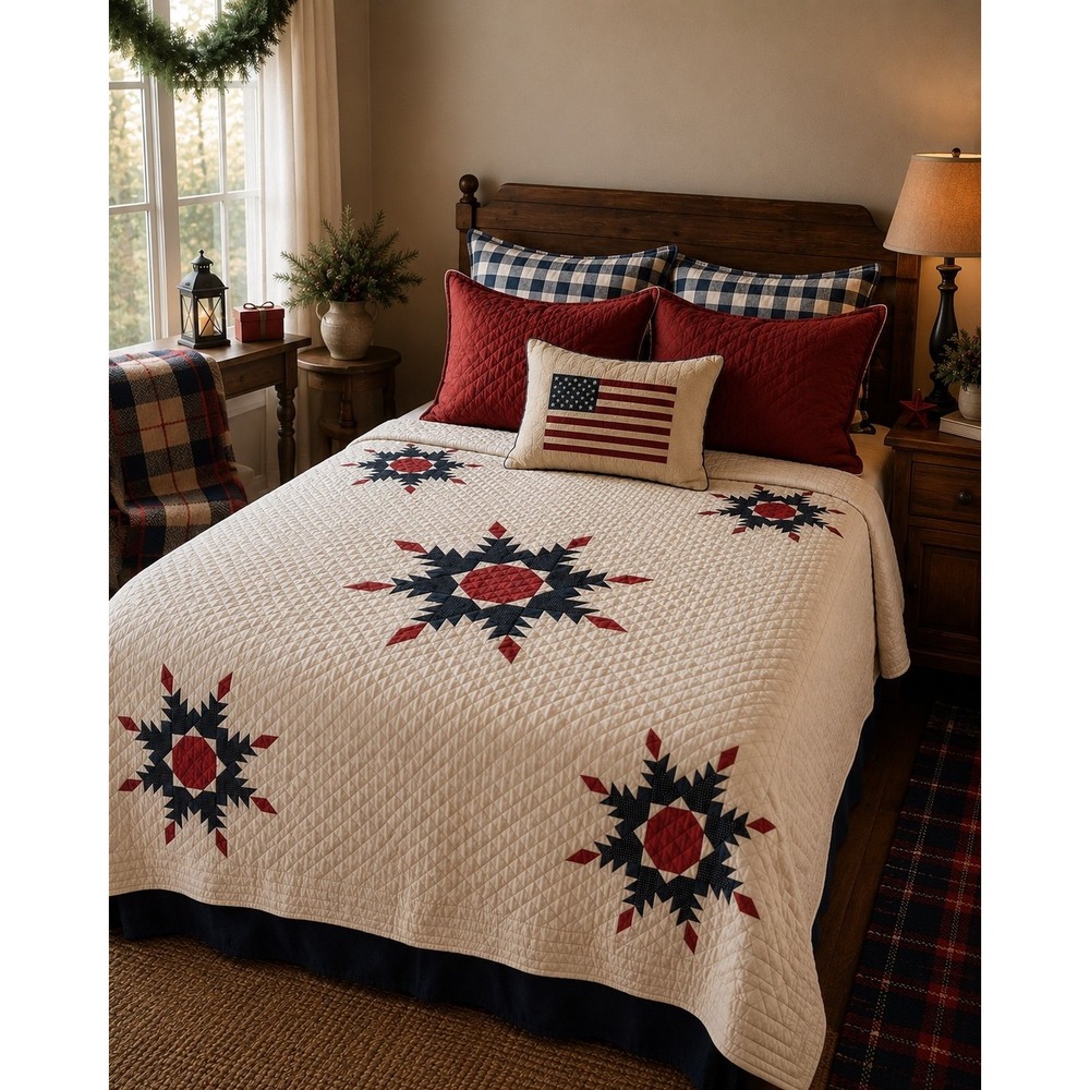 Large Snowflake quilt.  In Americana colors.  Hand sewn